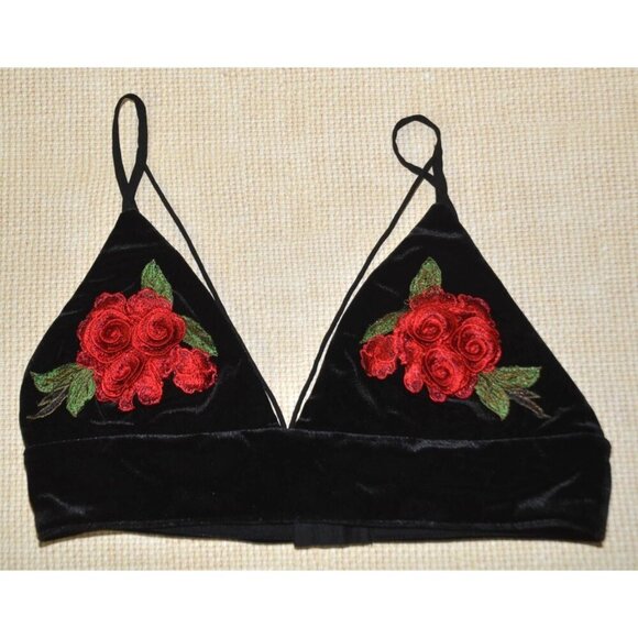 Forever 21 Black Velvet Bralette Bustier Top Juniors M Red Embroidered Roses - Picture 5 of 7